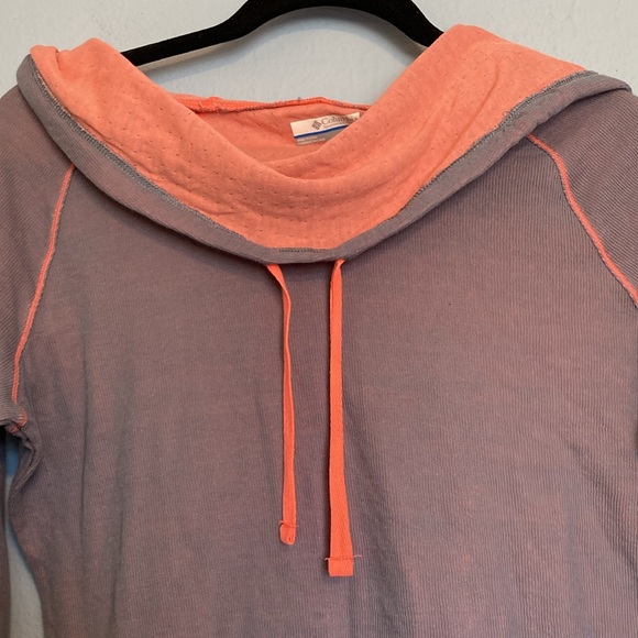 Columbia Womens Size L Grey Orange Contrast Cowl Hoodie Drawstrings Lightweight - Picture 2 of 13